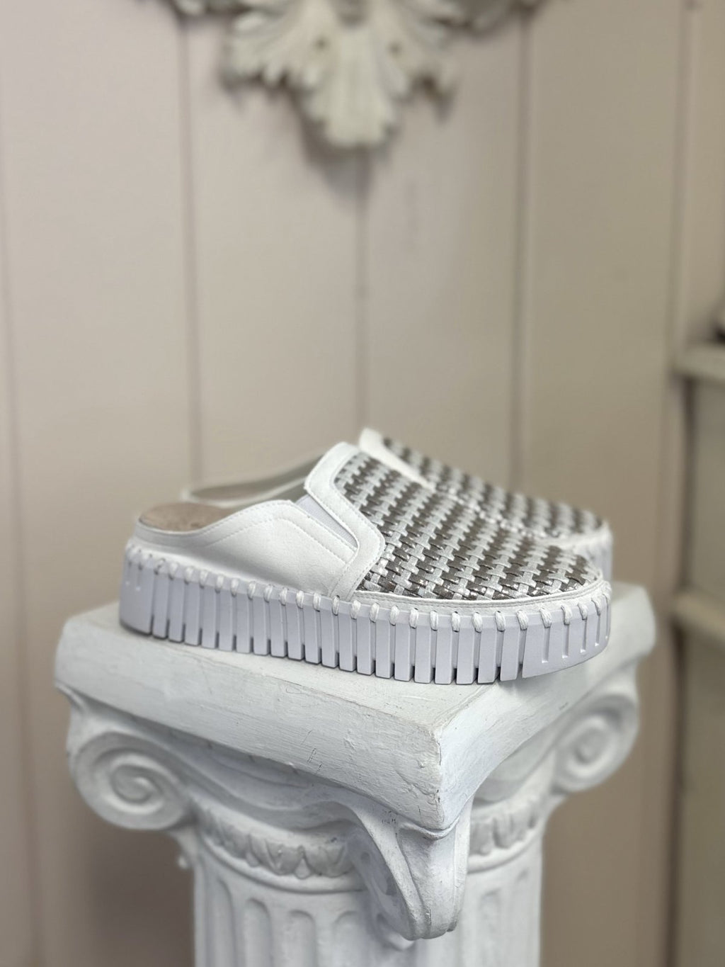 Stylish Ilse Jacobsen white/silver wedge slip-on, perfect for coastal boutique clothing and tropical vacation dresses.