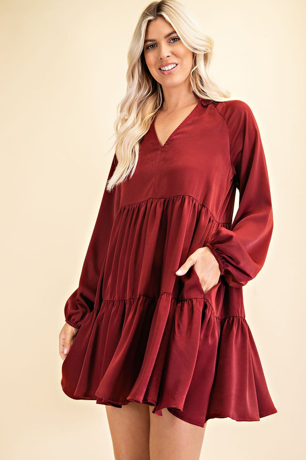 WINE BABYDOLL DRESS from Raggdoll Boutique, featuring pockets and trendy coastal style for summer outfits Texas.