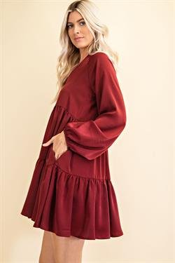 WINE BABYDOLL DRESS with pockets, trendy coastal style from Raggdoll Boutique in Port Aransas, perfect summer outfit.