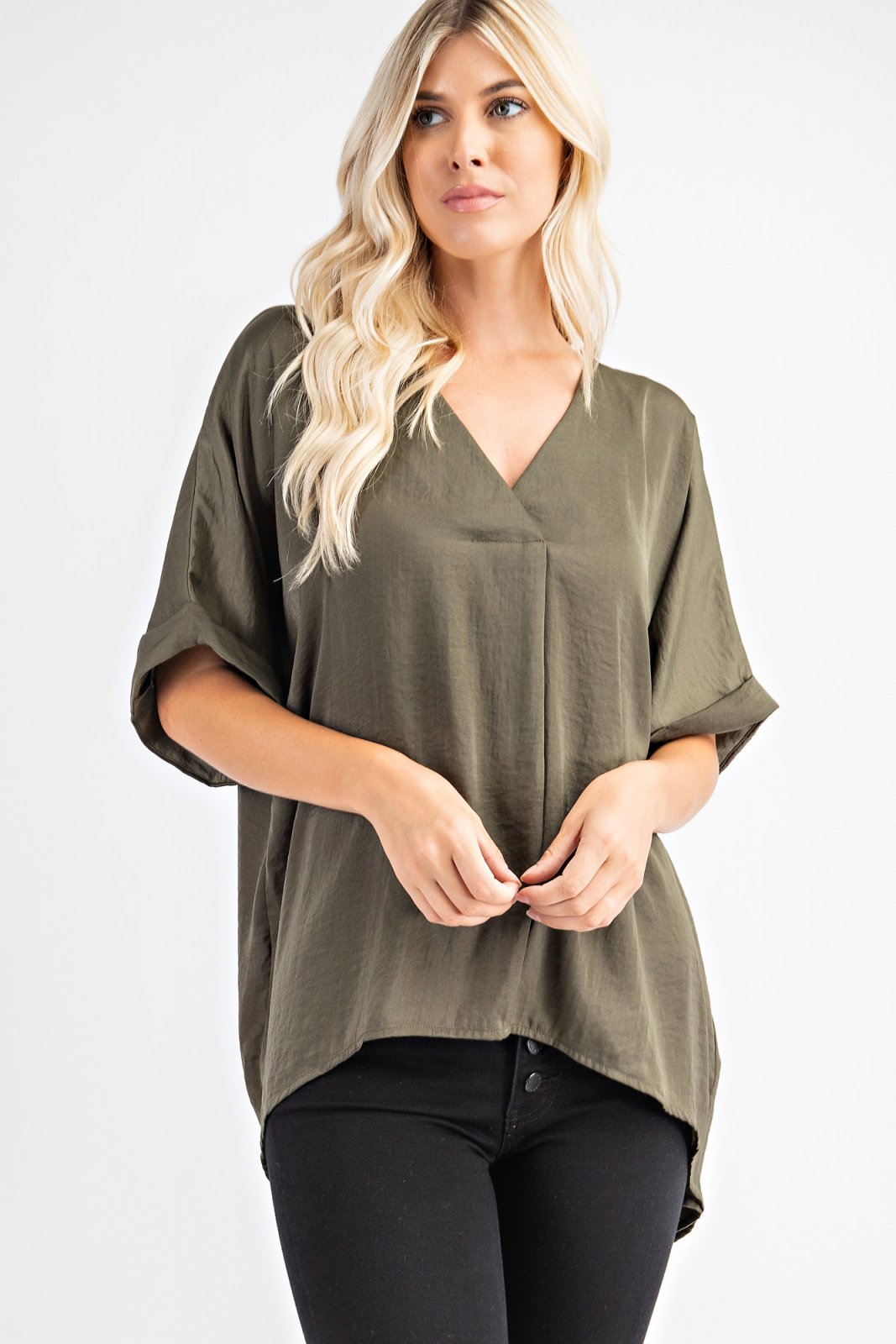 ARMY HI-LO TOP casual V-neck high-low hem top from Raggdoll Boutique, trendy coastal style for summer outfits Texas.
