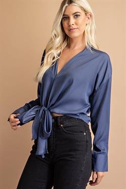 Indigo tie front top with button cuff sleeves, perfect for coastal boutique clothing and curated women's fashion.