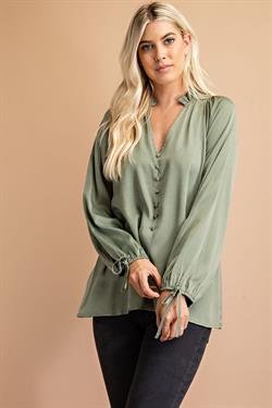 OLIVE TOP WITH TIED SLEEVE DETAIL - Raggdoll Boutique stylish blouse for women's summer outfits in Port Aransas.
