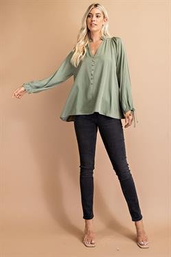 OLIVE TOP WITH TIED SLEEVE DETAIL at Raggdoll Boutique, a trendy coastal fashion boutique in Port Aransas.