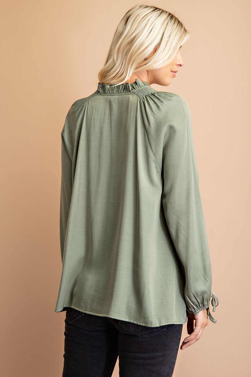OLIVE TOP WITH TIED SLEEVE DETAIL back view showcasing trendy coastal style from Raggdoll Boutique.