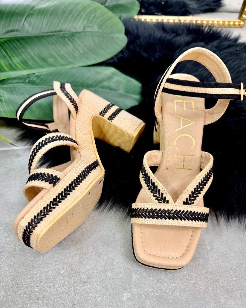 Adelaide Natural Heal sandals with black detail, perfect for beach dresses and coastal boutique clothing.