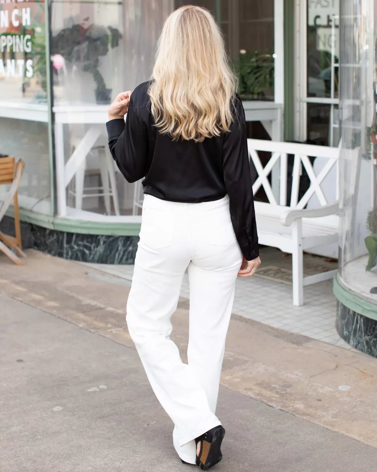 JUDY BLUE HW BRAIDED WHITE JEAN-WIDE LEG worn with a black top, showcasing trendy coastal style from Raggdoll Boutique.