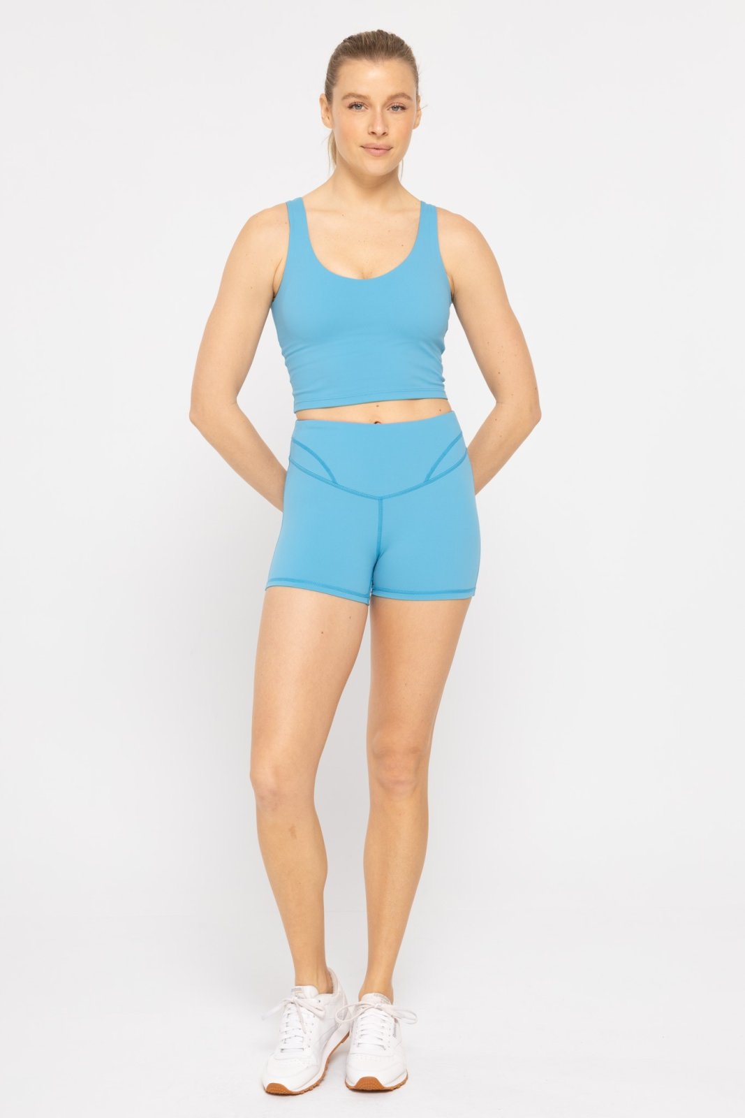 MONO B CRISS CROSS TANK BLUE JAY paired with matching shorts, trendy coastal style at Raggdoll Boutique.