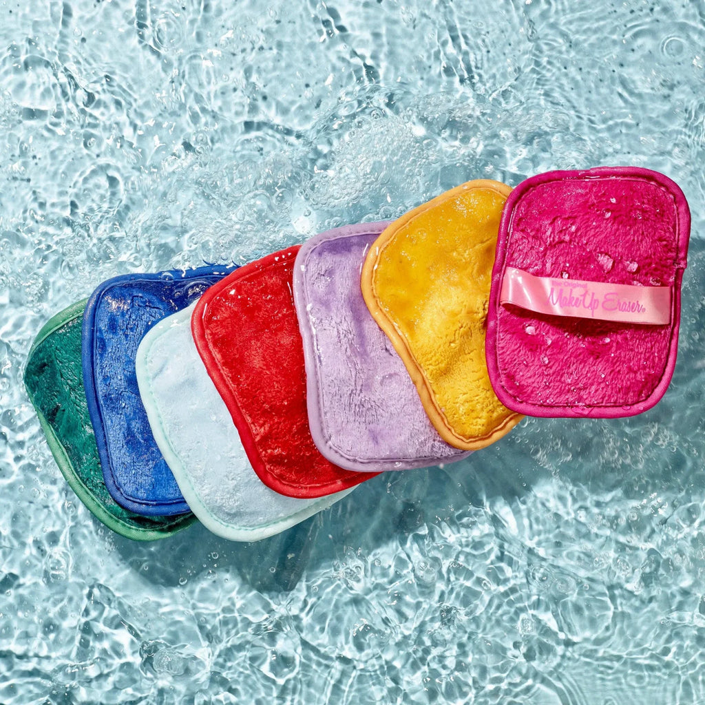 Colorful 7-day set of makeup erasers for women, reusable, machine washable, eco-friendly alternative to wipes.
