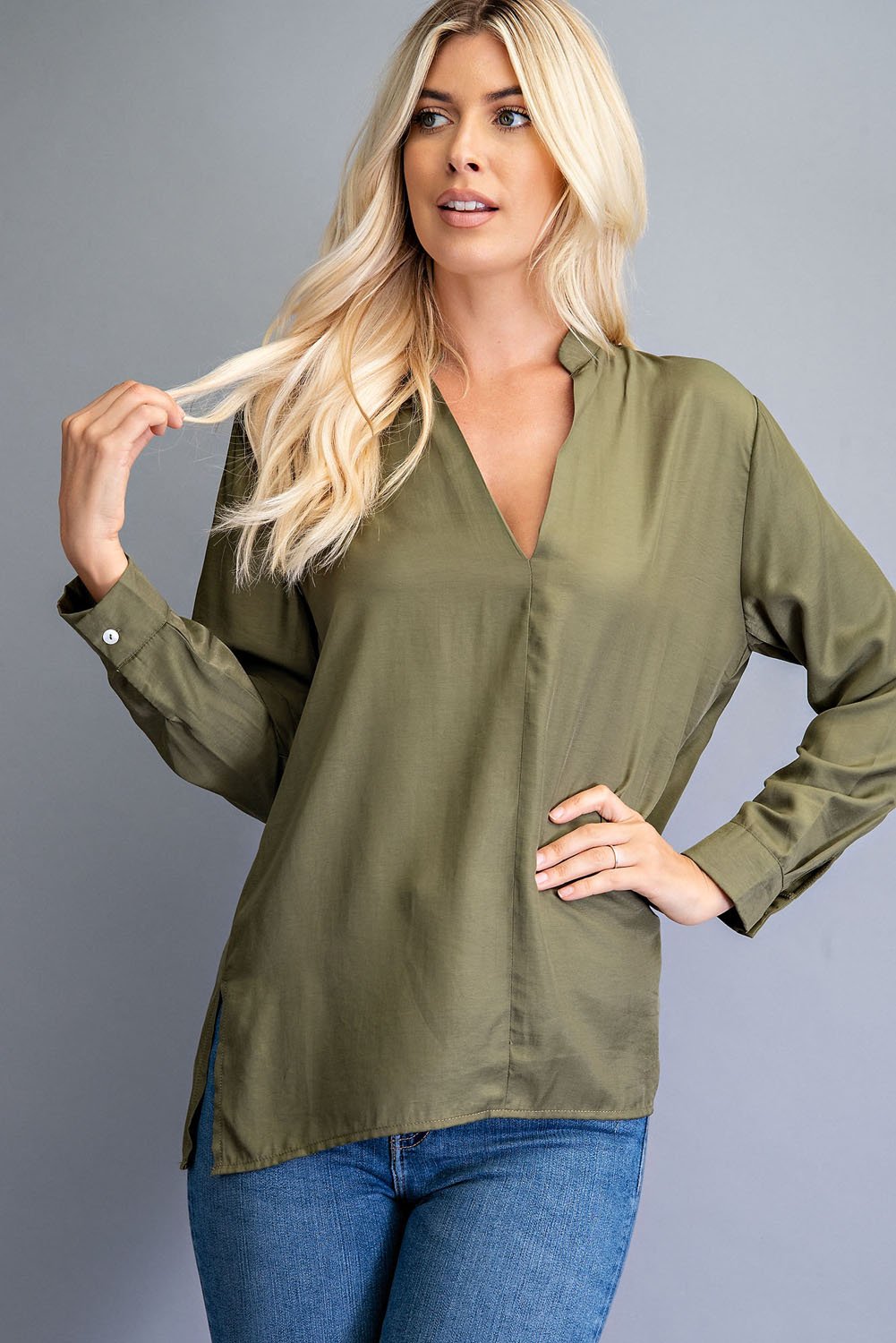 OLIVE V-NECK LONG SLEEVE STAND COLLAR top from Raggdoll Boutique, perfect for trendy coastal style and summer outfits Texas.