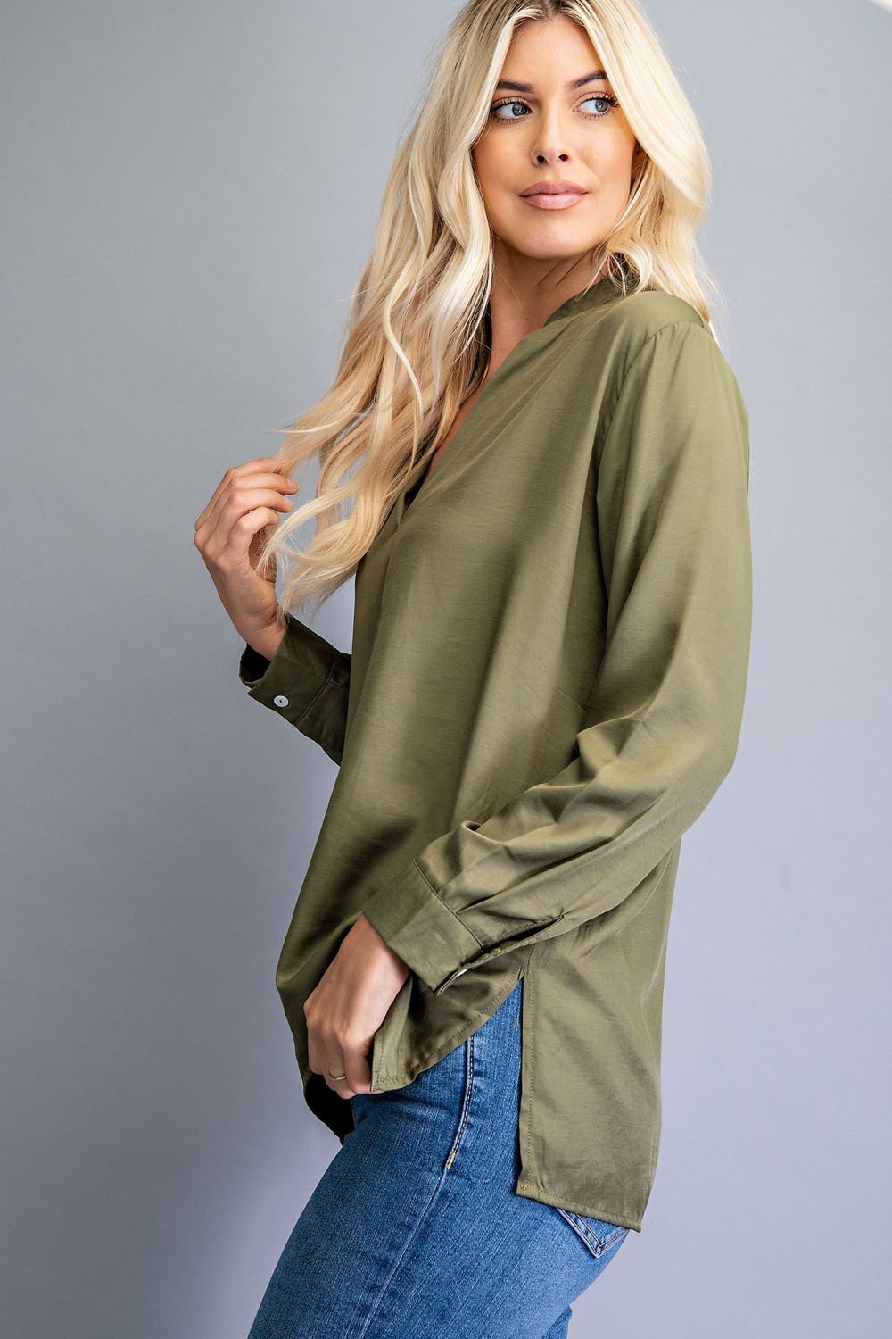 OLIVE V-NECK LONG SLEEVE STAND COLLAR top styled with jeans from Raggdoll Boutique.