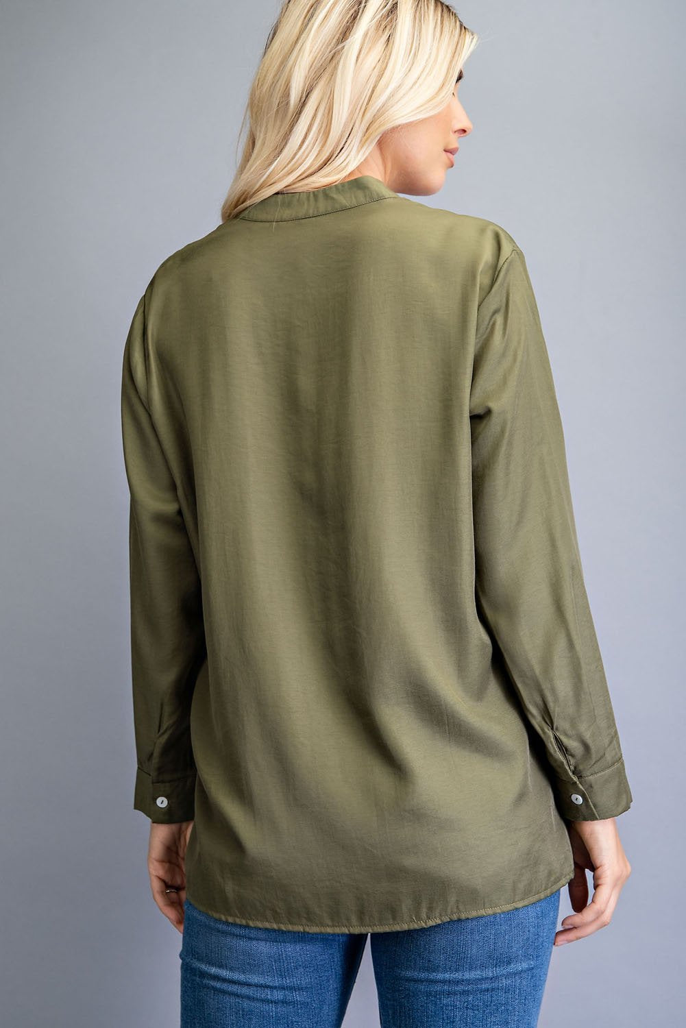 Back view of OLIVE V-NECK LONG SLEEVE STAND COLLAR top from Raggdoll Boutique, perfect for summer outfits Texas.