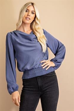 INDIGO COWL NECK LONGSLEEVE TOP styled with jeans, perfect for summer outfits Texas from Raggdoll Boutique.