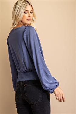 INDIGO COWL NECK LONGSLEEVE TOP featuring smocking at the bottom and long sleeves, perfect for trendy coastal style.