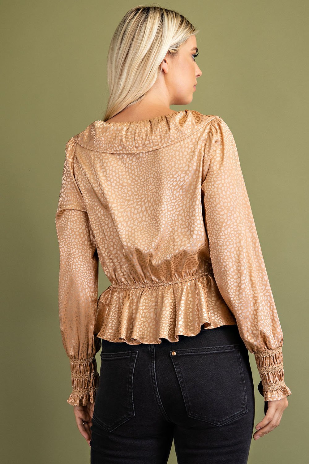 Stylish taupe printed ruffle peplum top from coastal boutique clothing, perfect for tropical vacation dresses and curvy fashion.