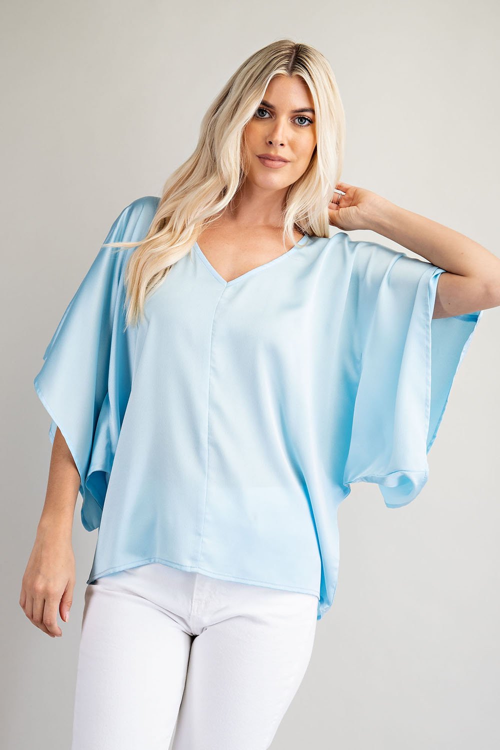 SKY BLUE V-NECK KIMONO TOP from Raggdoll Boutique, perfect for summer outfits in Texas.