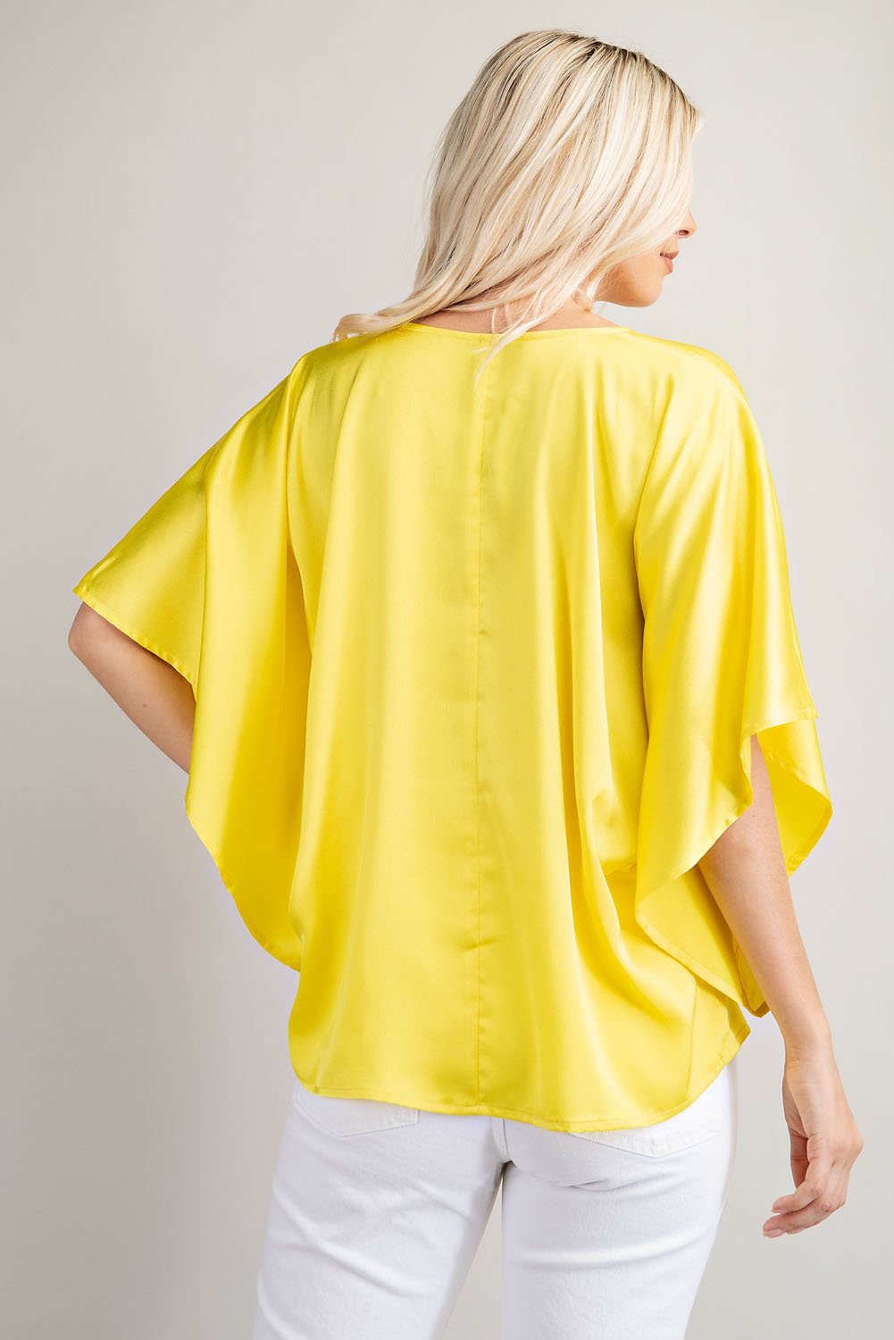 Back view of stylish CANARY V-NECK KIMONO TOP in bright yellow from Raggdoll Boutique, perfect for summer outfits Texas.