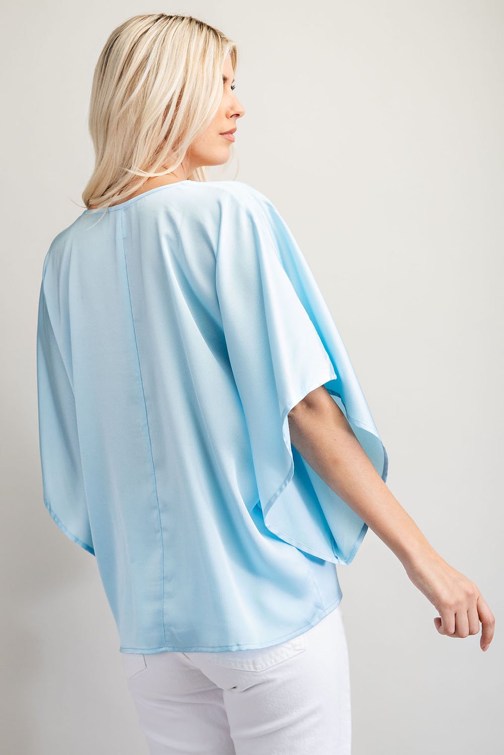 SKY BLUE V-NECK KIMONO TOP from Raggdoll Boutique, perfect for summer outfits and trendy coastal style.