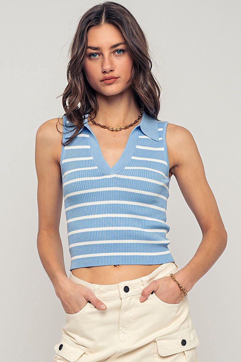 Blue/white striped sleeveless polo sweater, ribbed knit crop top, stylish coastal boutique clothing for summer outfits.