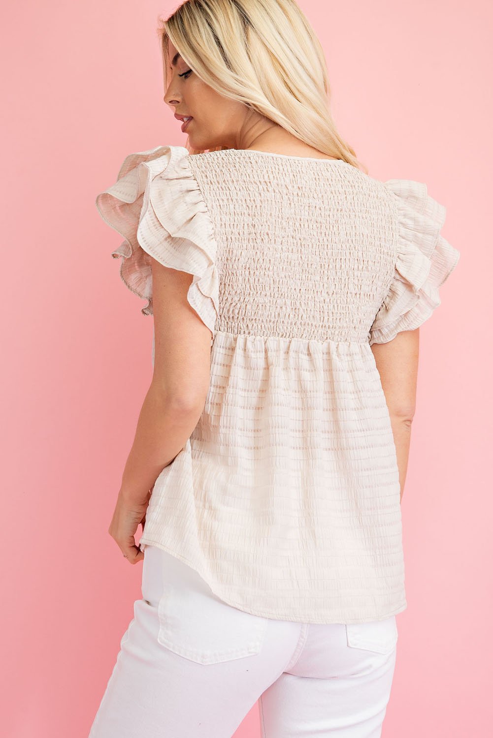 Smocked Taupe Top from Raggdoll Boutique, a trendy coastal style for summer outfits Texas.