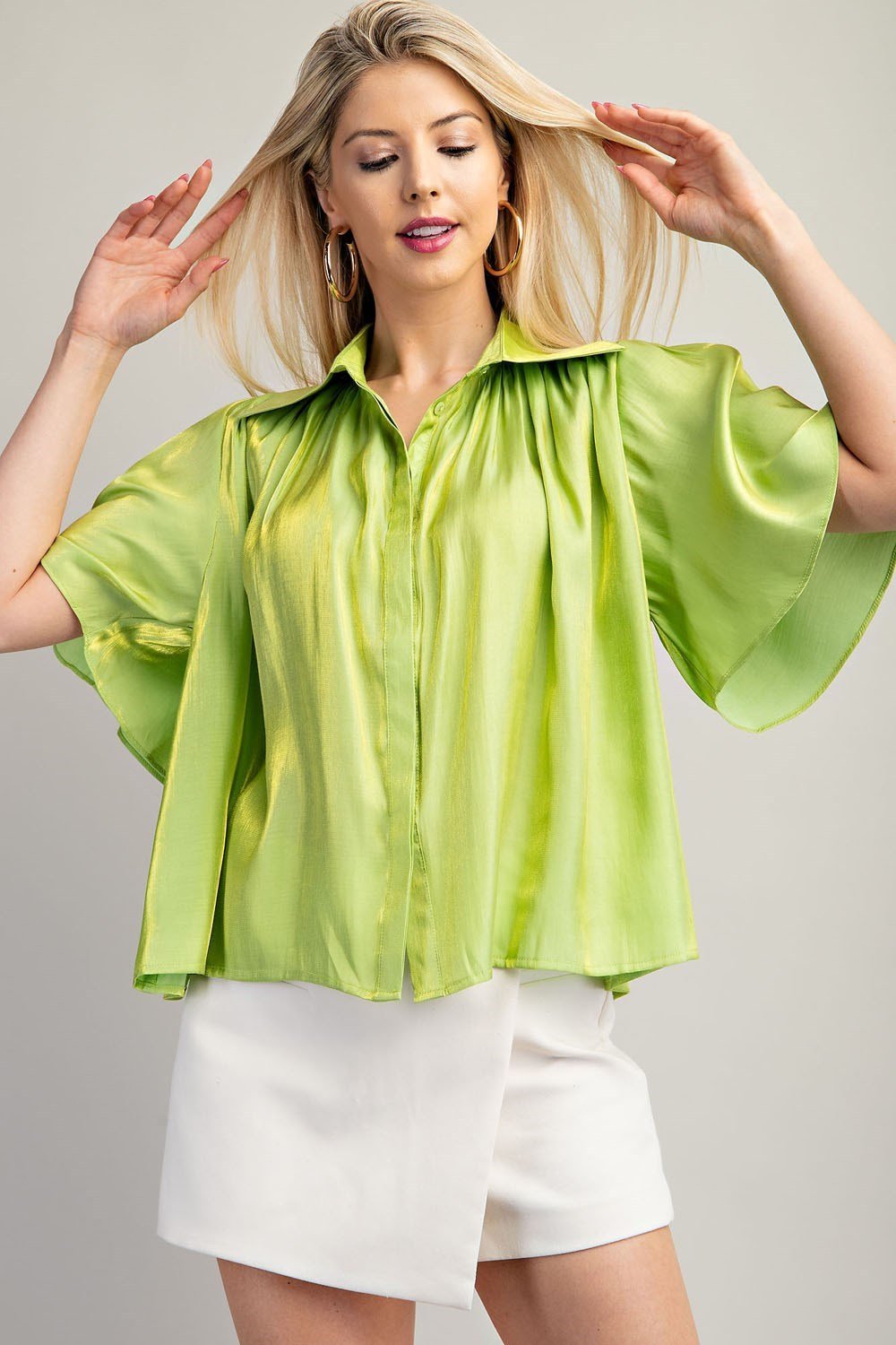 Lime Sparkle Button-up Flowy Top from Raggdoll Boutique, perfect for summer outfits Texas and trendy coastal style.