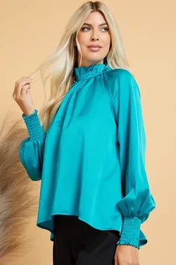 TEAL SATIN RUFFLE COLLAR TOP from Raggdoll Boutique, perfect for trendy coastal style and summer outfits Texas.