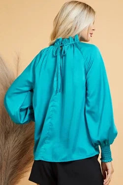TEAL SATIN RUFFLE COLLAR TOP from Raggdoll Boutique, perfect for summer outfits Texas and trendy coastal style.