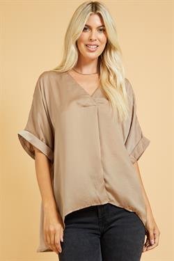 TAUPE SATIN HI-LO TOP from Raggdoll Boutique, perfect for trendy coastal style and summer outfits Texas.