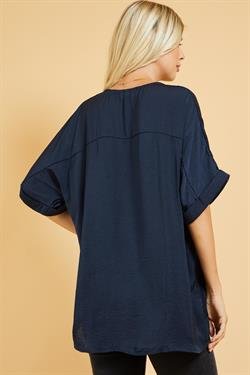 Navy Satin Hi-Lo Top back view worn with trendy coastal style for summer outfits Texas at Raggdoll Boutique.