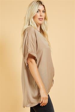 TAUPE SATIN HI-LO TOP styled for summer outfits, available at Raggdoll Boutique in Port Aransas.