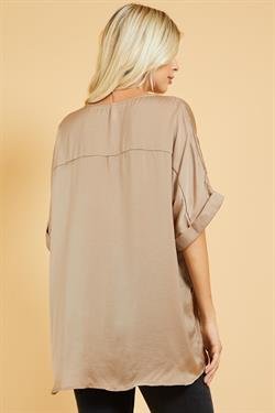 TAUPE SATIN HI-LO TOP from Raggdoll Boutique, trendy coastal style for summer outfits Texas, boutique tops.