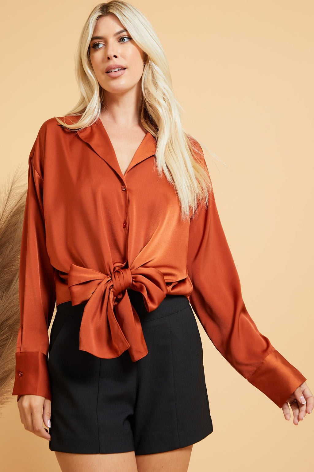 RUST SATIN TIE-FRONT TOP showcased with black shorts, perfect for summer outfits Texas at Raggdoll Boutique.