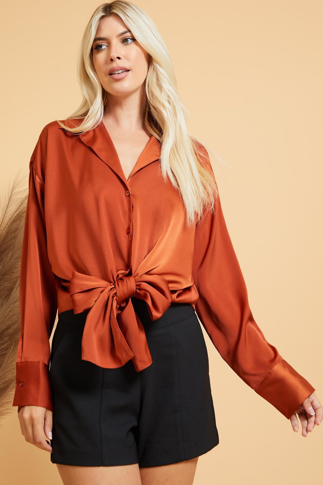 RUST SATIN TIE-FRONT TOP showcased with black shorts, perfect for summer outfits Texas at Raggdoll Boutique.
