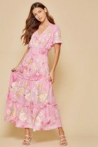 PINK SAVANNA JANE dress featuring tie dye print, embroidery, smocked waistline, and trendy coastal style.