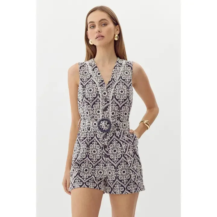 Katrina Embroidered Romper: Stylish cotton romper from coastal boutique clothing, perfect for tropical vacations and beach dresses.