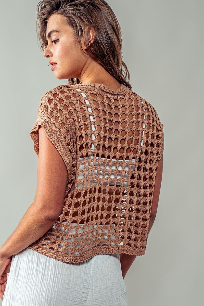TAUPE CROCHET TOP from Raggdoll Boutique, perfect for trendy coastal style. Ideal for summer outfits Texas.