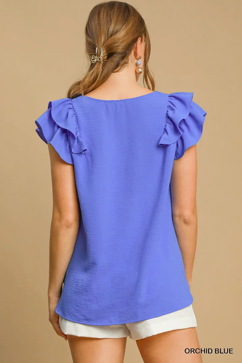 Orchid Blue Plus Size Ruffle Edge V-Neck Top, flattering stylish top from a Port Aransas boutique for curvy women's fashion.