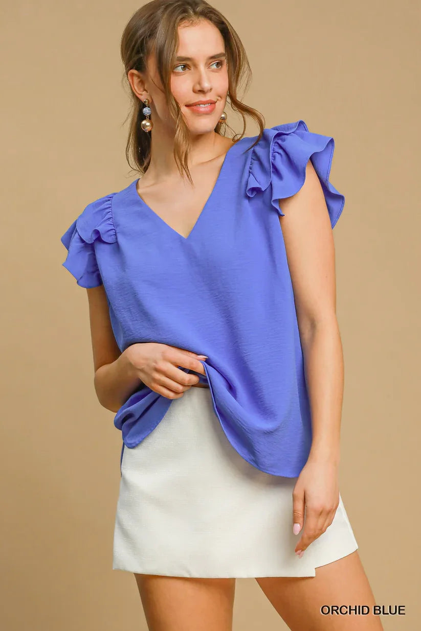 Orchid Blue Plus Size Ruffle Edge V-Neck Top, perfect for coastal boutique clothing and curvy fashion.