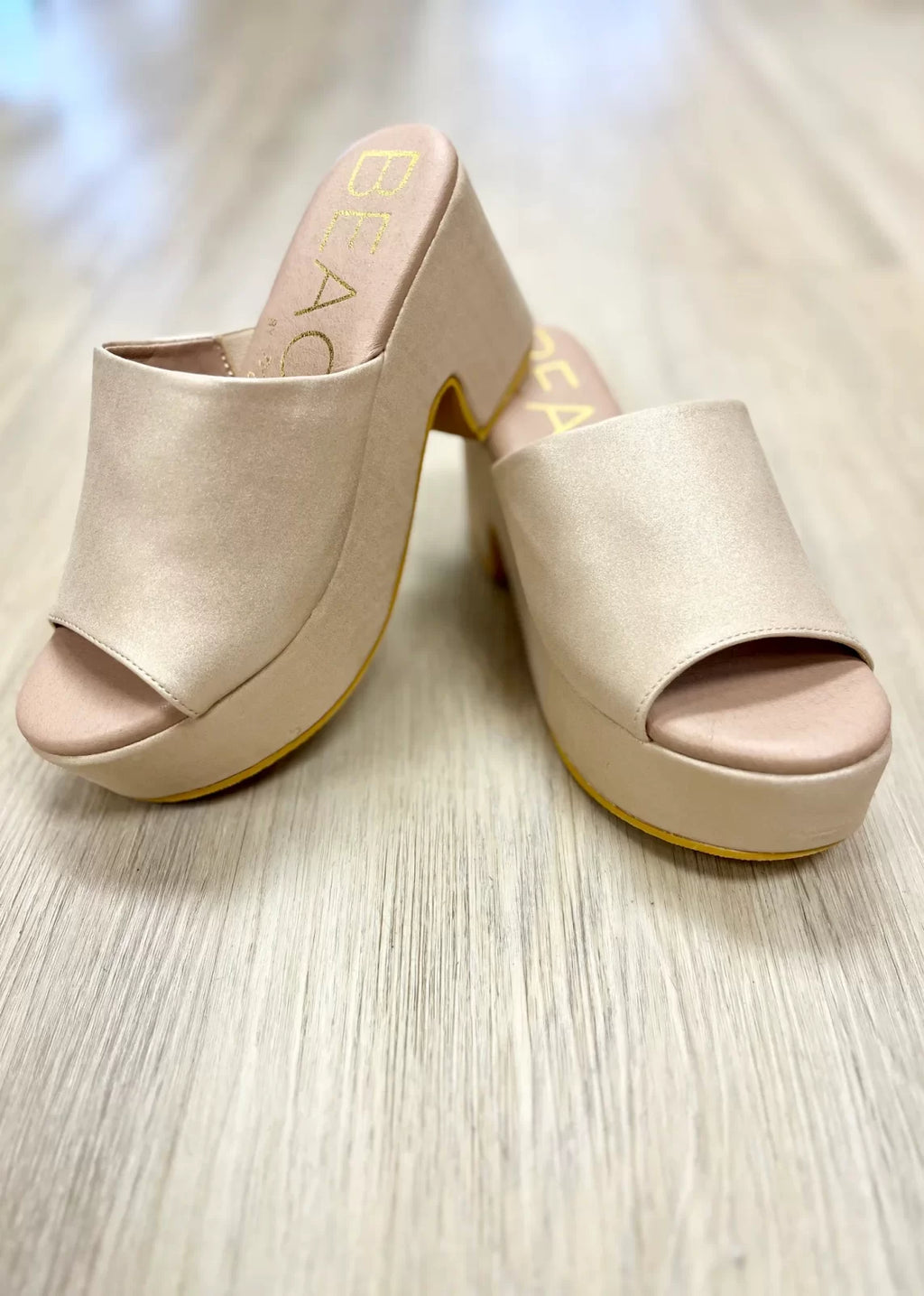 BEACH--TERRY FROST METALLIC SLIP ON SHOE with 1.5" platform and 3" covered heel at Raggdoll Boutique.