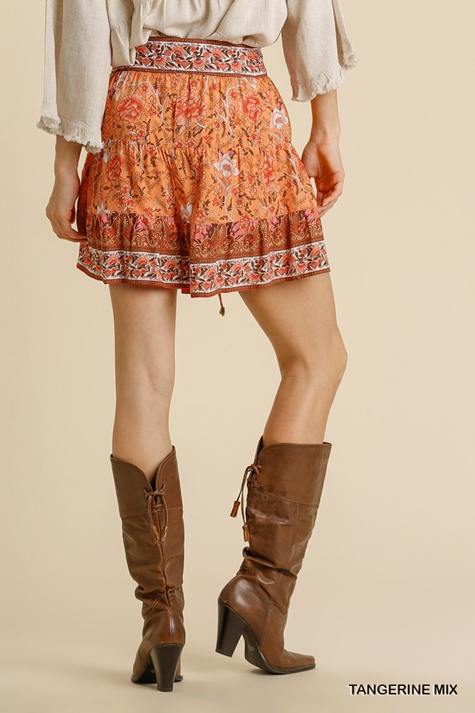 Tangerine Print Mix Shorts with Ruffle showcased in stylish coastal fashion, perfect for summer outfits Texas.