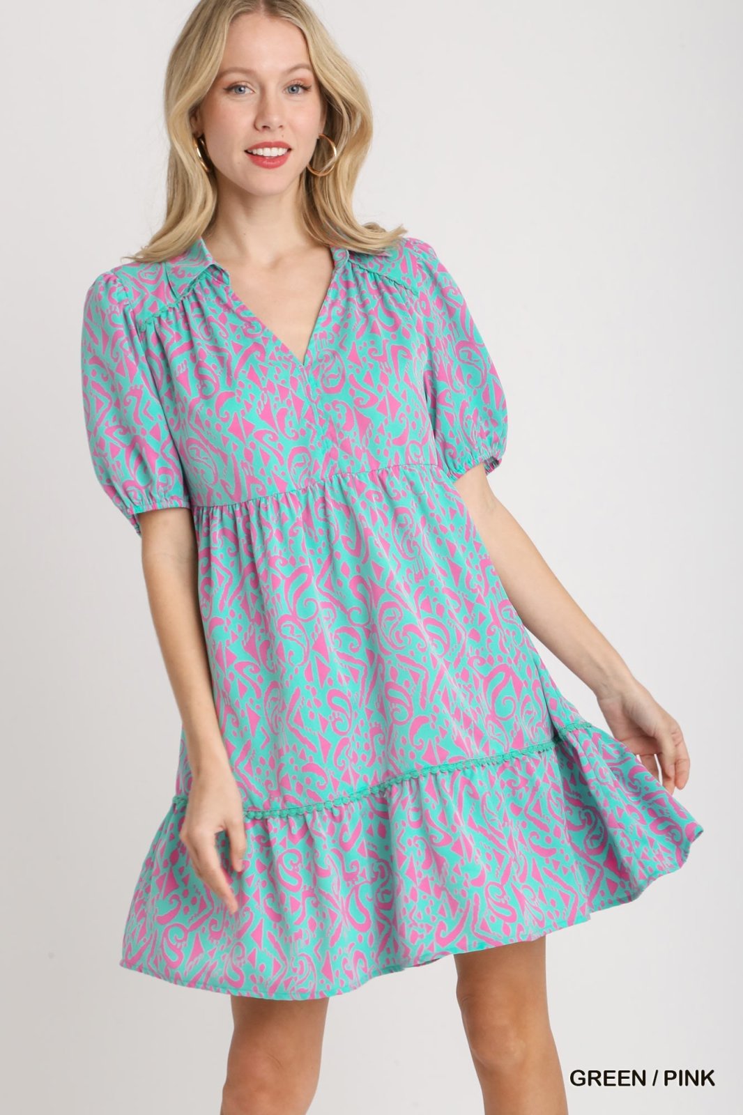 GREEN/PINK COLLARED DRESS W/BALLOON SLEEVES from Raggdoll Boutique, perfect for summer outfits Texas.