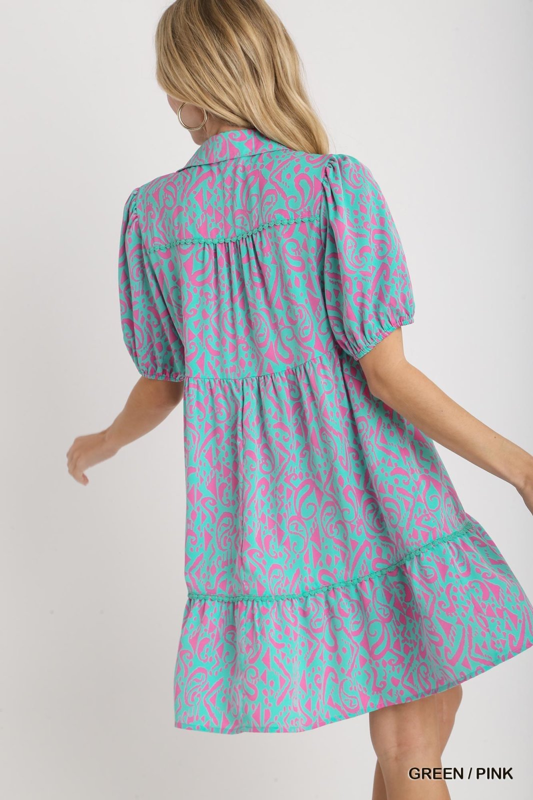 GREEN/PINK COLLARED DRESS W/BALLOON SLEEVES from Raggdoll Boutique, perfect for summer outfits Texas.
