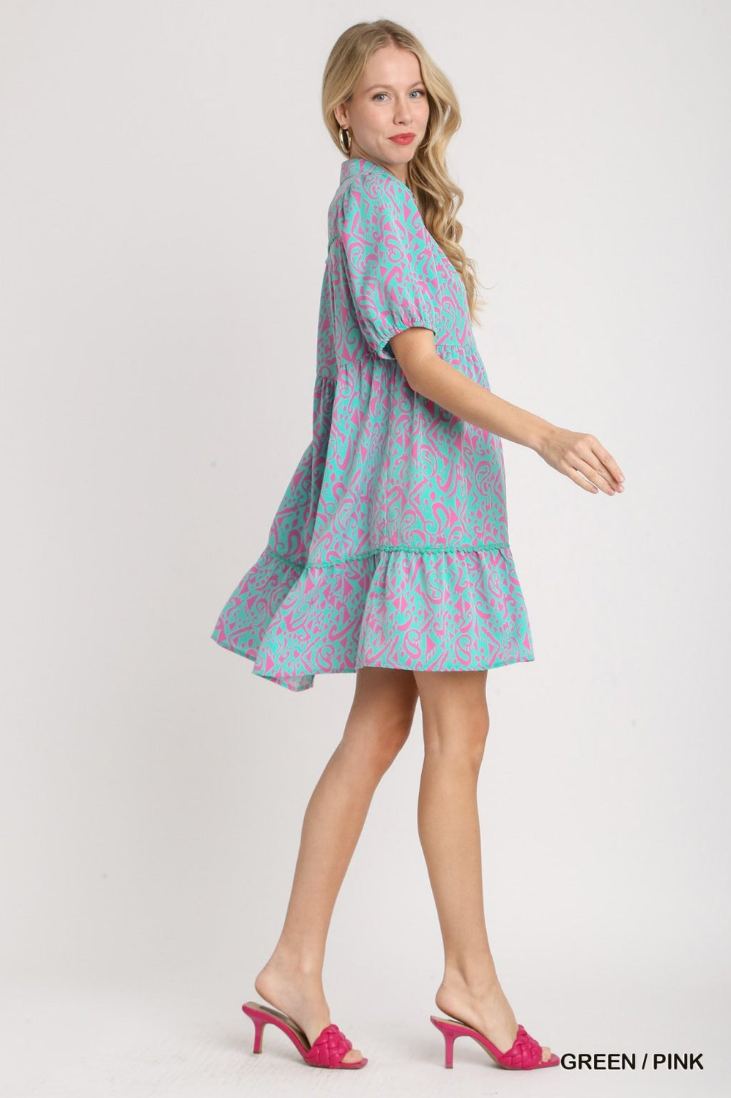 Model wearing GREEN/PINK COLLARED DRESS W/BALLOON SLEEVES, perfect for coastal fashion at Raggdoll Boutique.