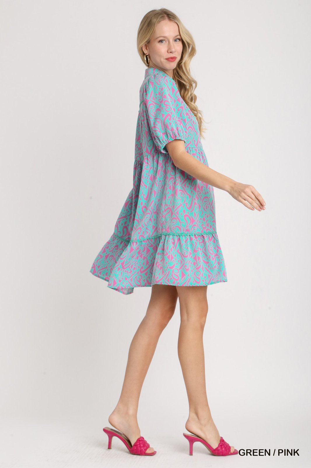 Model wearing GREEN/PINK COLLARED DRESS W/BALLOON SLEEVES, perfect for coastal fashion at Raggdoll Boutique.