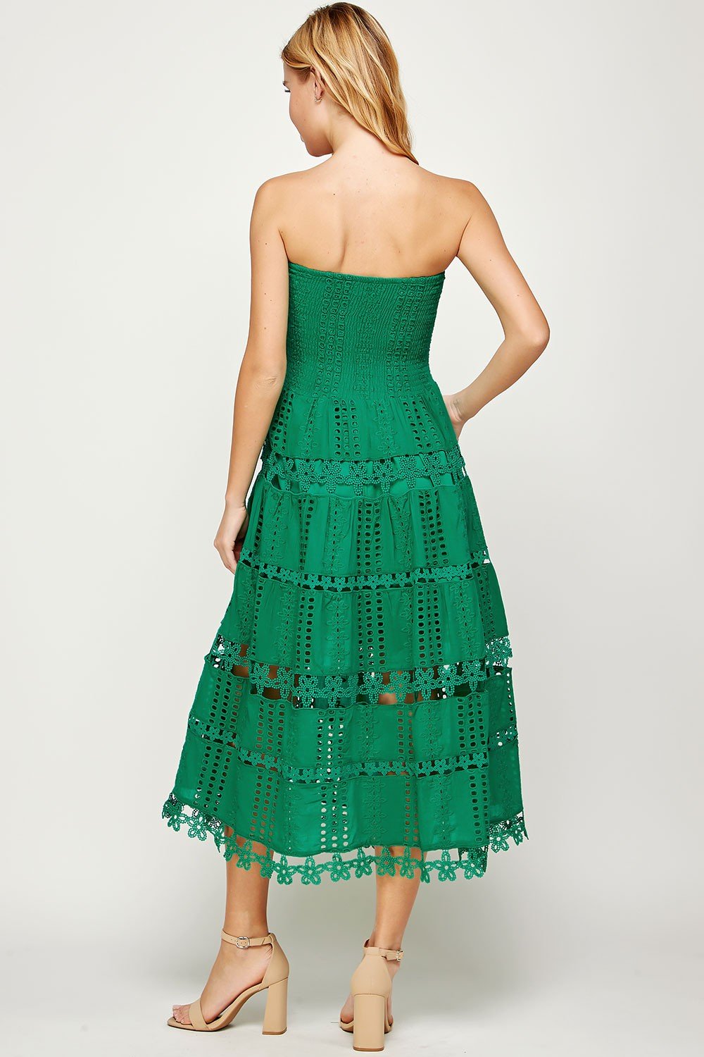 Beautiful back view of the GREEN WITH ENVY EYELET DRESS perfect for trendy coastal style from Raggdoll Boutique.