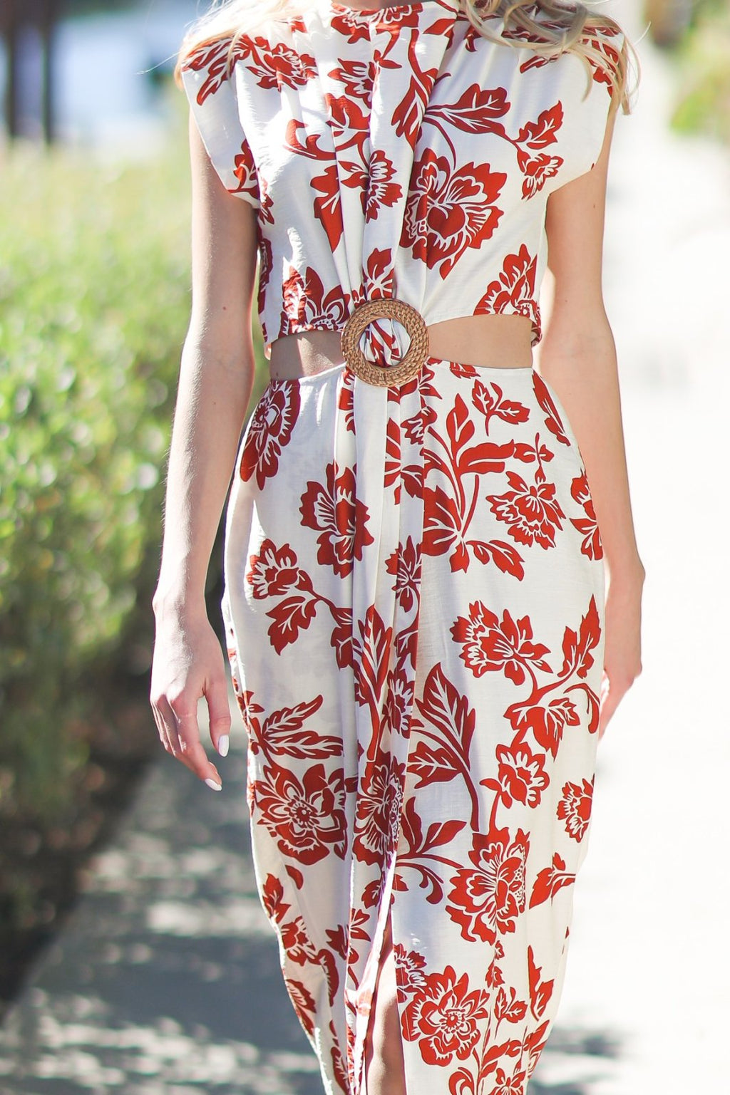 Chic BECCA DRESS in ivory and rust floral print, perfect for coastal boutique clothing and tropical vacation dresses.