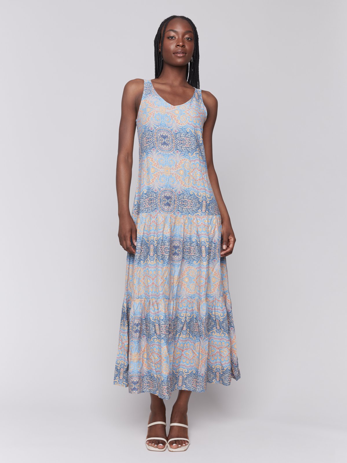 Stylish Papaya Maxi Dress perfect for coastal boutique clothing, vacation getaways, with a colorful spring and summer print.