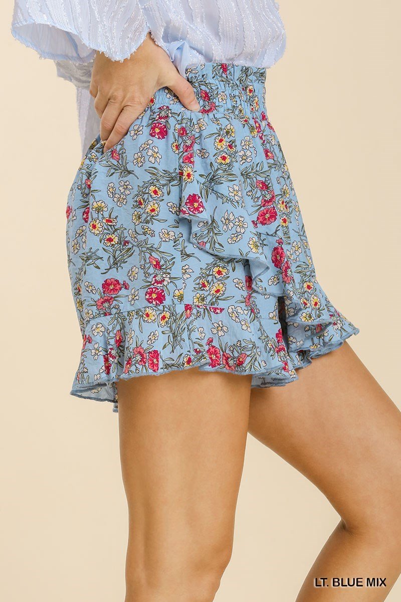 Light Blue Floral Print Shorts with Ruffle from Raggdoll Boutique, trendy coastal style for summer outfits Texas.