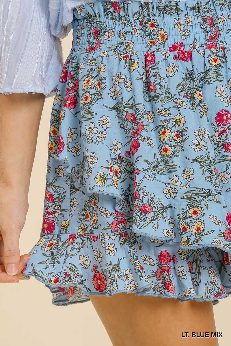 Light Blue Floral Print Shorts with Ruffle showcasing a trendy coastal style from Raggdoll Boutique.
