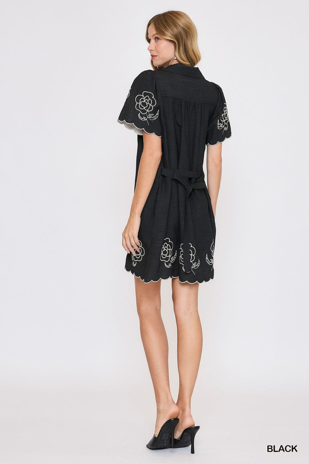 Tallah Dress in black, floral embroidered details, perfect for coastal boutique clothing and tropical vacations.