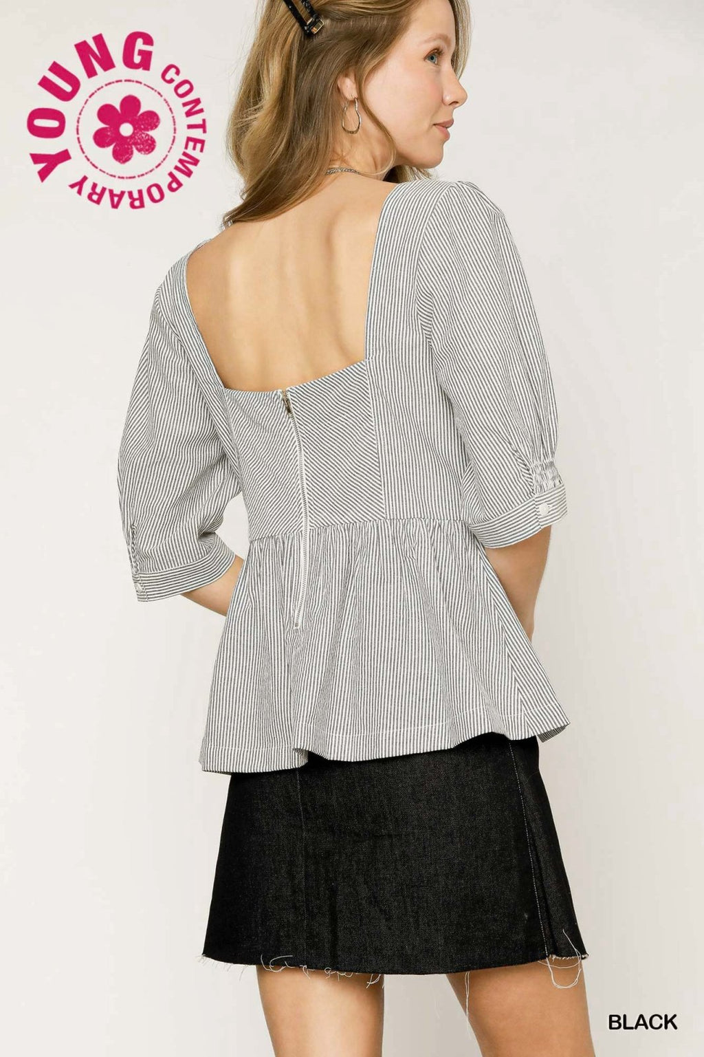 Stylish black and white top with square neckline and back zipper detail, perfect for coastal boutique clothing and curvy fashion.